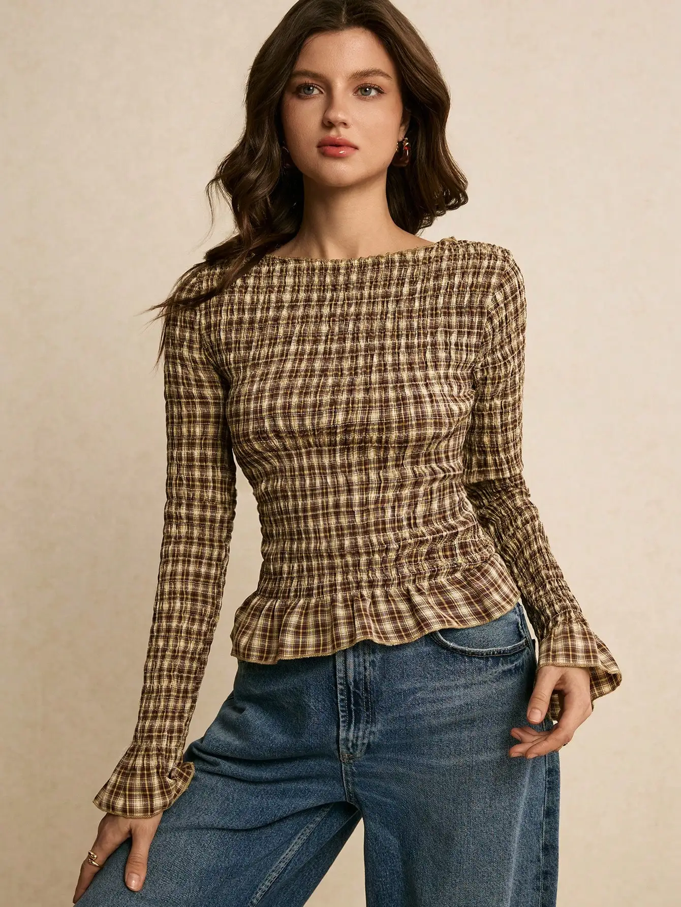 

Brown Plaid Smocked Long Sleeve Blouse With Ruffled Hem For Women