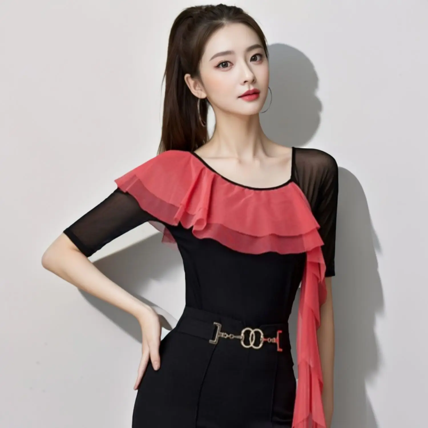 New Line Dance Outfits Women Lotus-Leaf Shawl-Style Top — Standard Ballroom, Practice, and Yoga Wear Dancewear Top
