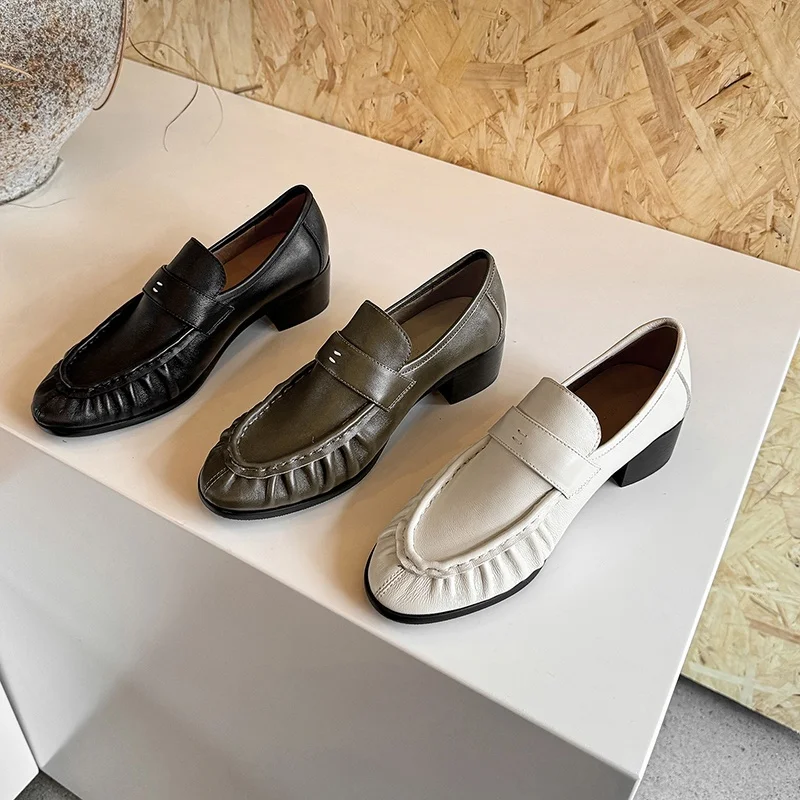 MKKHOU Genuine Leather Loafers Women Ruched Round Toe Slip On 4cm Block Low Heel Vintage Office Daily Casual Dress Shoes Women
