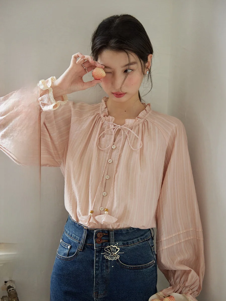 

Nov Et Spring Pink Long Sve irt Women's Ele Gingham Pattern Bow-Tie Ne Design Loose Fit Comfortable Rell Cotton