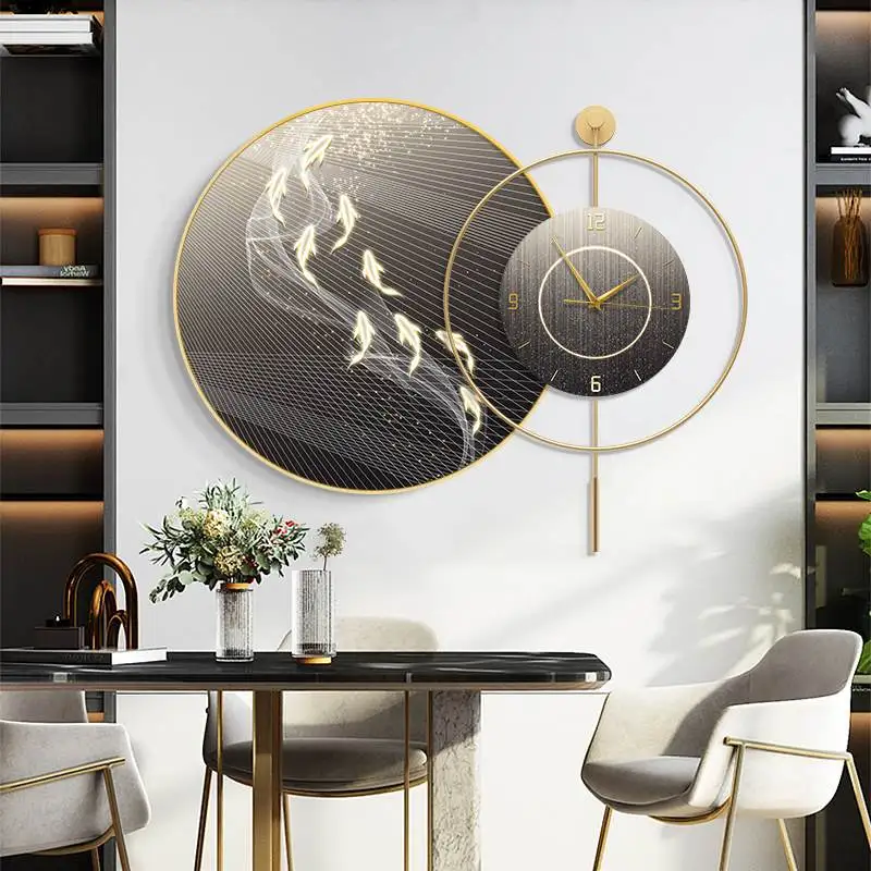 Modern light luxury dining room decorative painting nine fish picture dining room background wall mural silent clock high-end