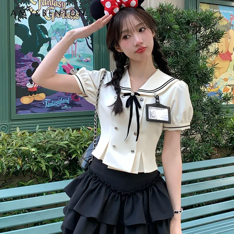 

2024 New American Preppy Style Uniform White Cute Shirt Top Sailor Black Waist-Tight Figure Flattering Puffy Skirt Suit For Girl