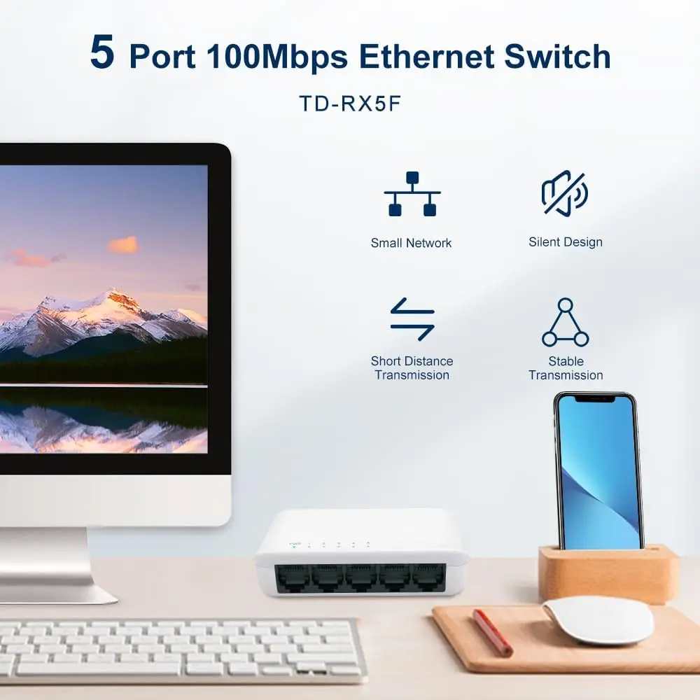 5 Port 10/100 Mbps Unmanaged Ethernet Switch | Plug & Play | Fanless Quiet | Desktop Ethernet Splitter