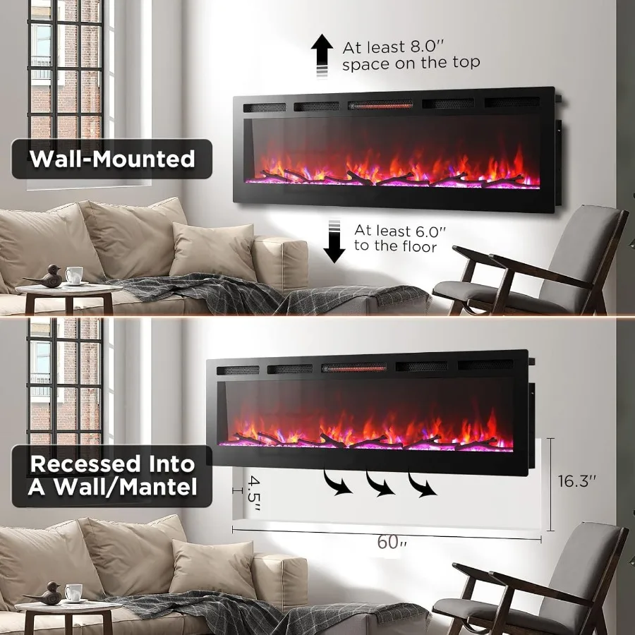 60 Inch Wall Mount or In Wall Recessed Electric Fireplace with Remote Control and Alexa/WiFi Connectivity 13+12 Realistic Ember