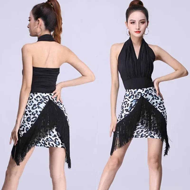 

Adult Women Latin Dance Tassel skirt Tight A-line black white Leopard Print Skirt Sleeveless Halter Top Dancewear for girls