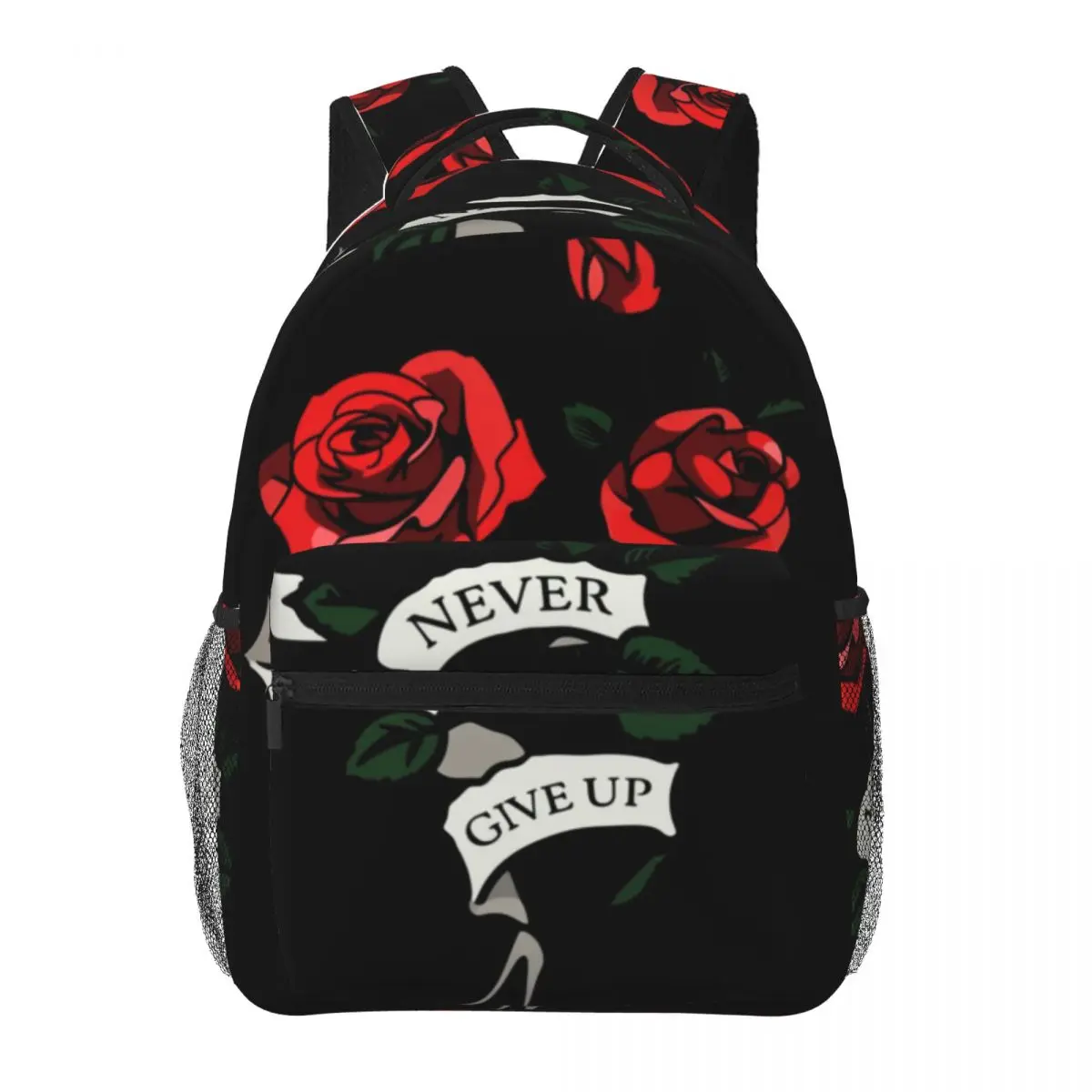 Romantic Cute Backpack Center Rose Ribbon Quote Traditional Tattoo Red Green Black Girls Bookbag for Valentine Birthday Daily