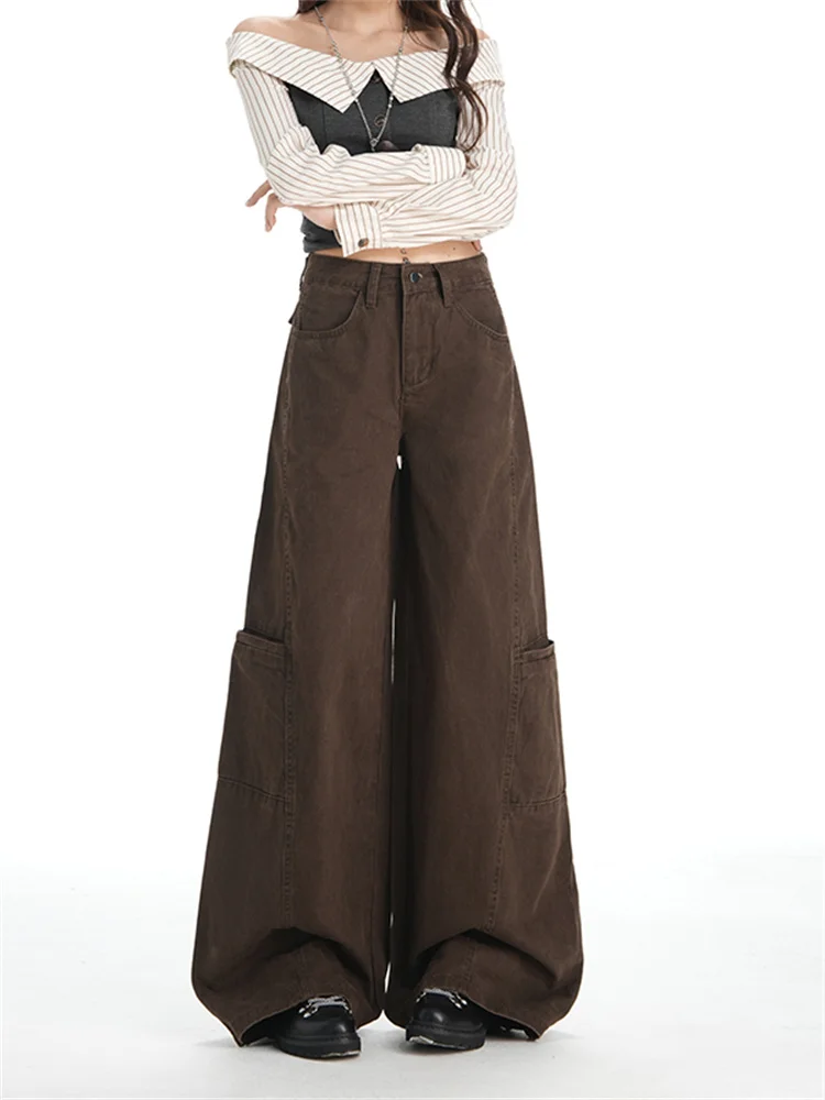 2026 Spring American Brown Cargo Jeans Women High Waist Wide Leg Trousers Loose Casual Curved Hem Utility Denim Pants