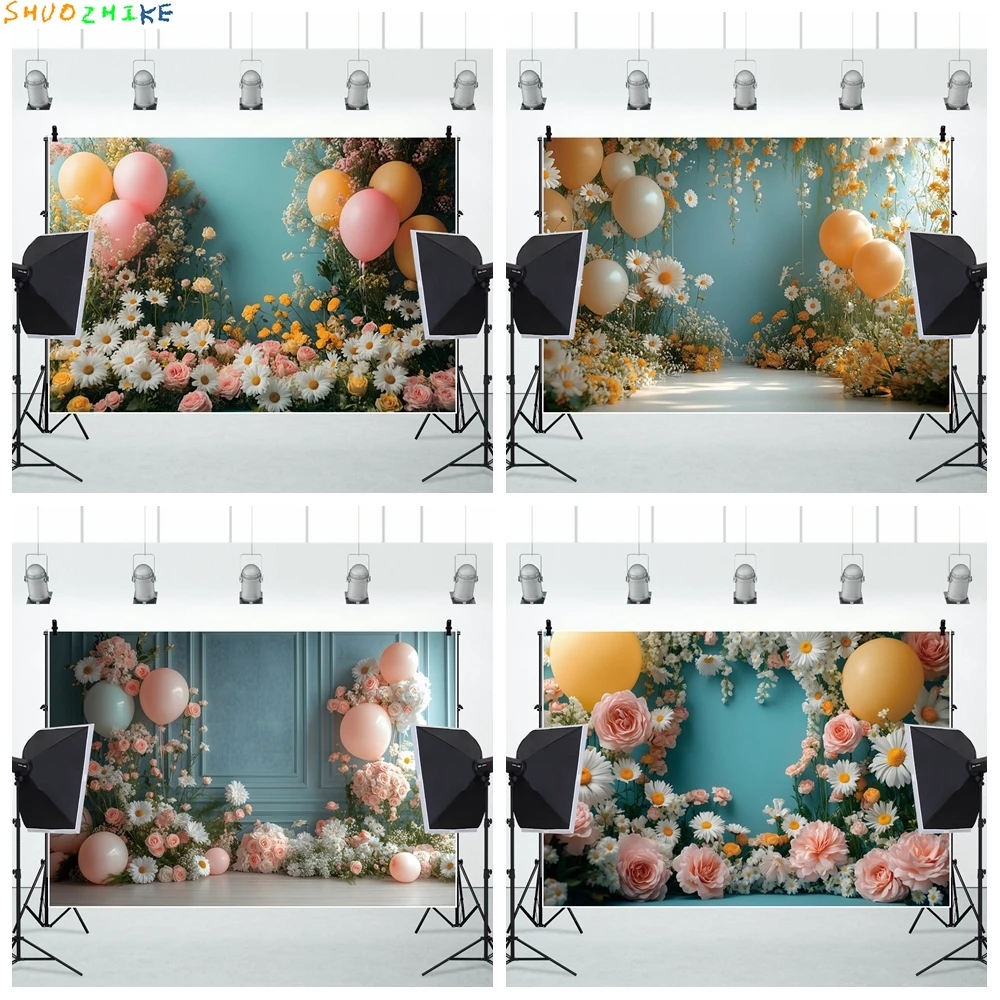 

Daisy Flowers Balloon Photography Background Wall Portrait Backdrop Pink Girls Kids Birthday Cake Smash Party Decor