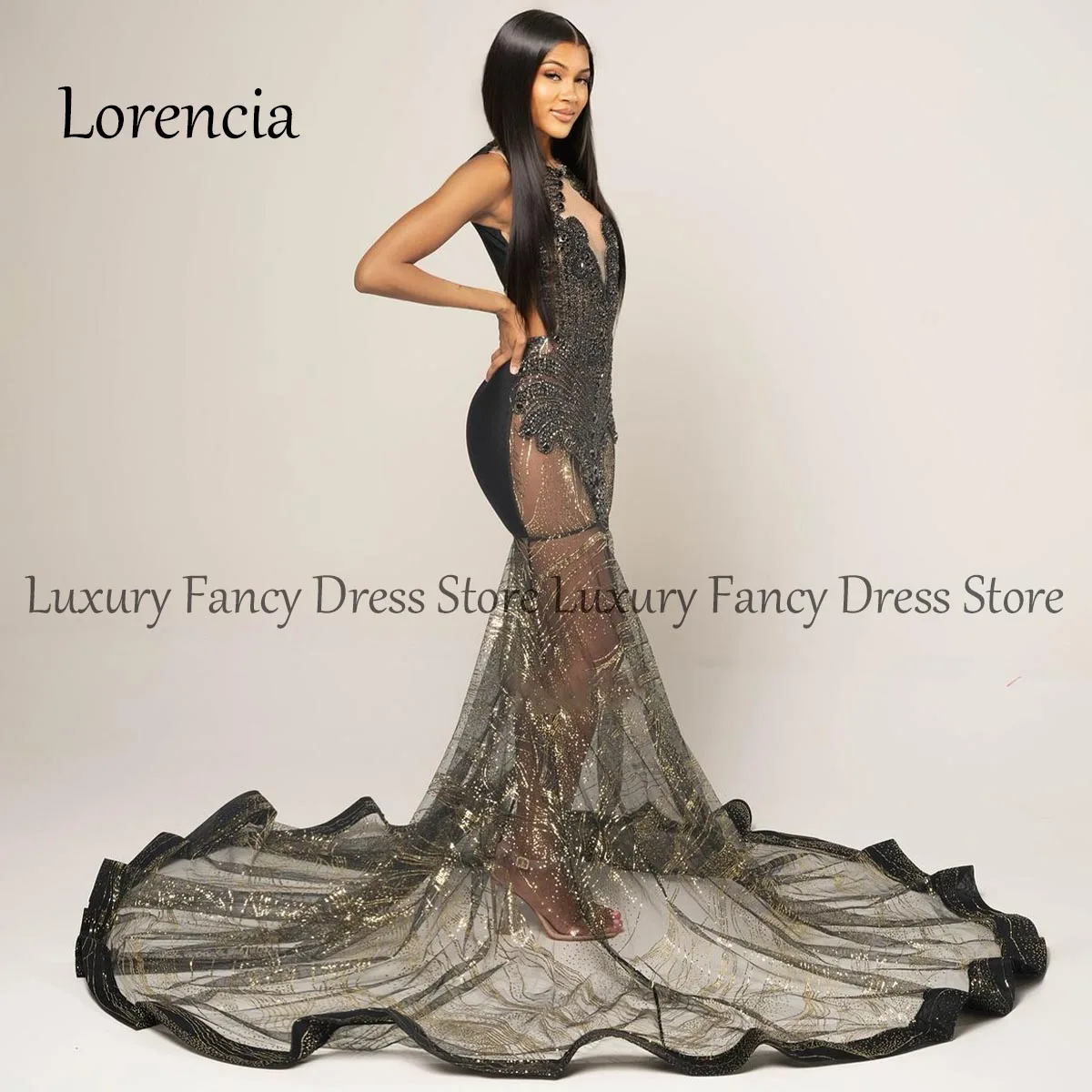 Customized Long Formal Mermaid Prom Dress Beads Crystal Sleeveless Lace Rhinestones Party Dress Birthday Wedding Robe De Bal