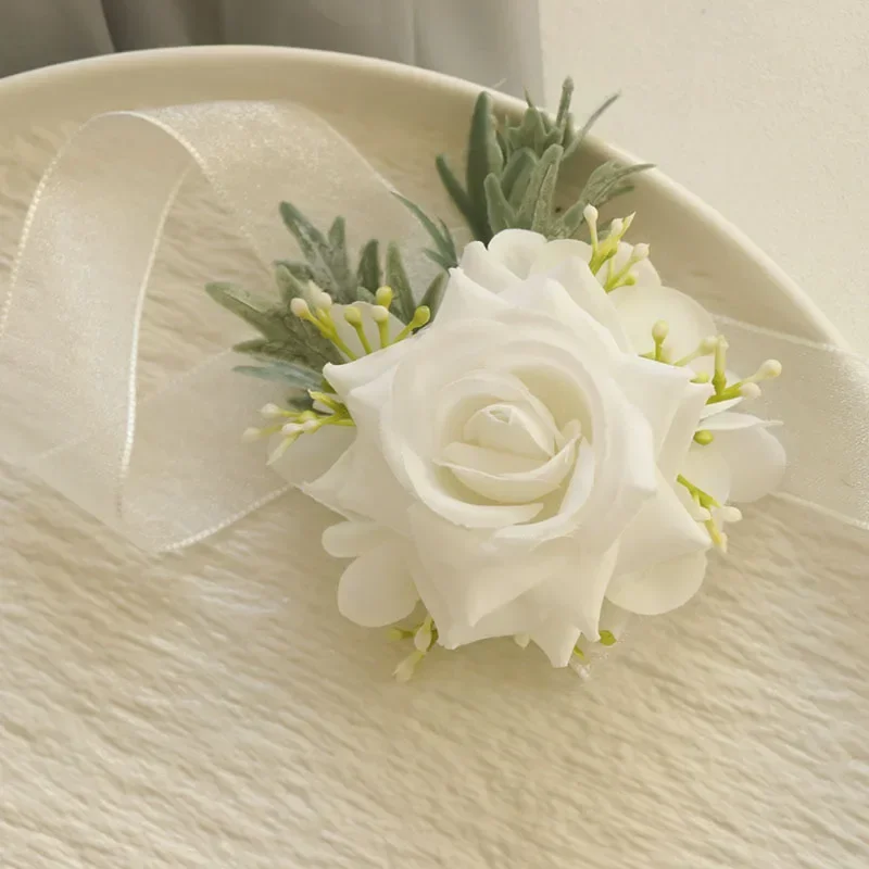 Exquisite White Rose Flowers Wrist Corsage Arras De Matrimonio Corsages for Wedding Boutonniere Marriage Accessories