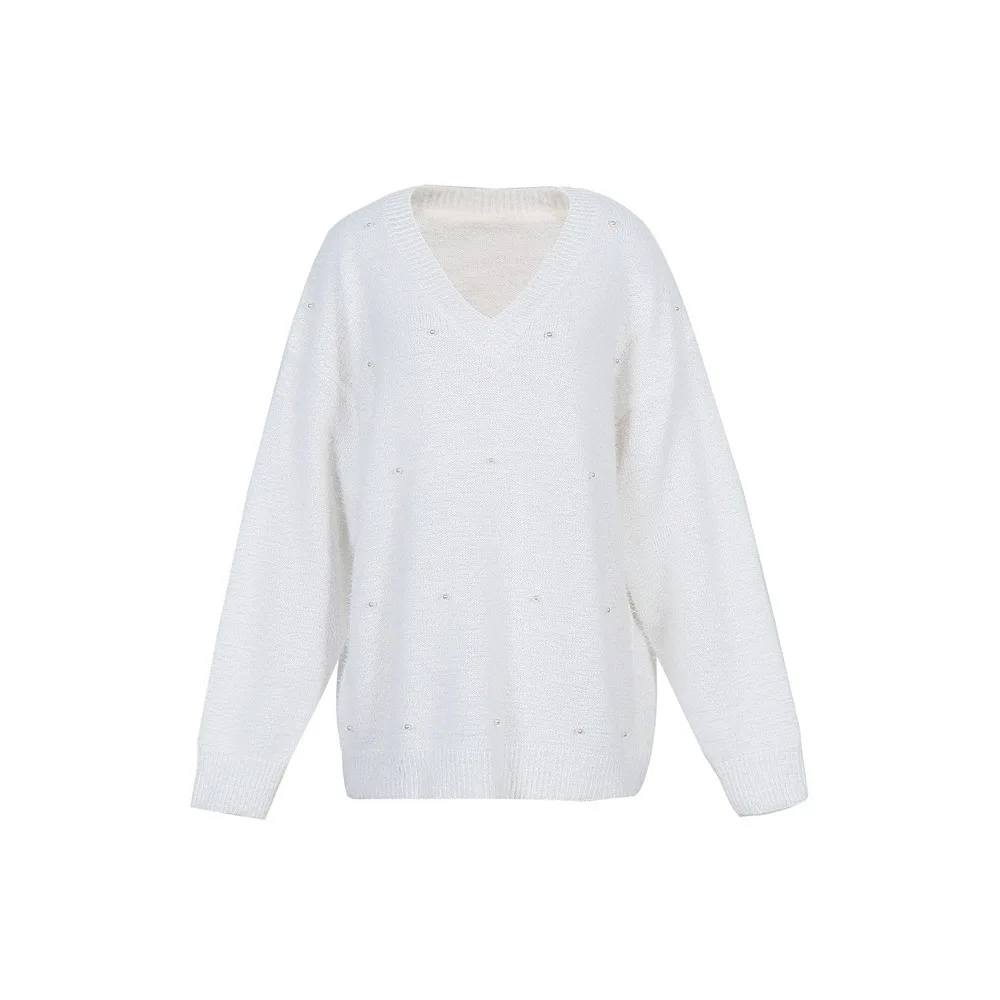 Maglione pullover V-Ne da donna Maglieria con perline di colore puro Vestibilità ampia Mid-Thi Nylon Autunno Inverno Nuova tendenza Sle Faion