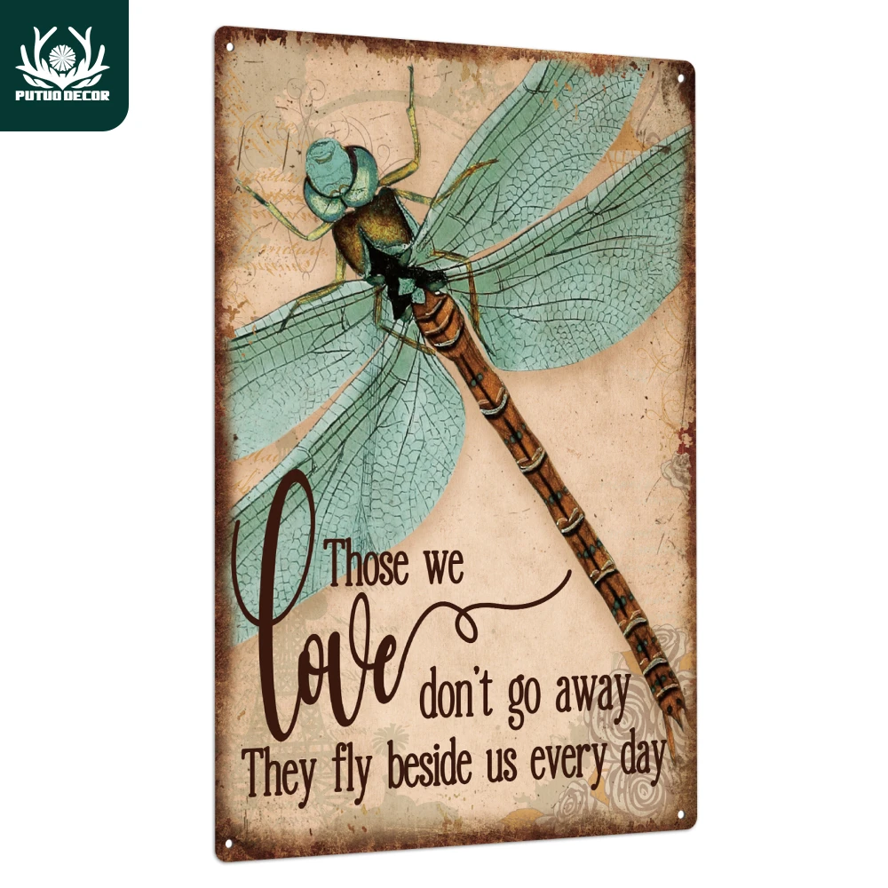 Putuo Decor 1Pc Dragonfly Metal Signs, Vintage Motivational Quote Tin Plaque Hippie Wall Art Poster for Home Office Classroom