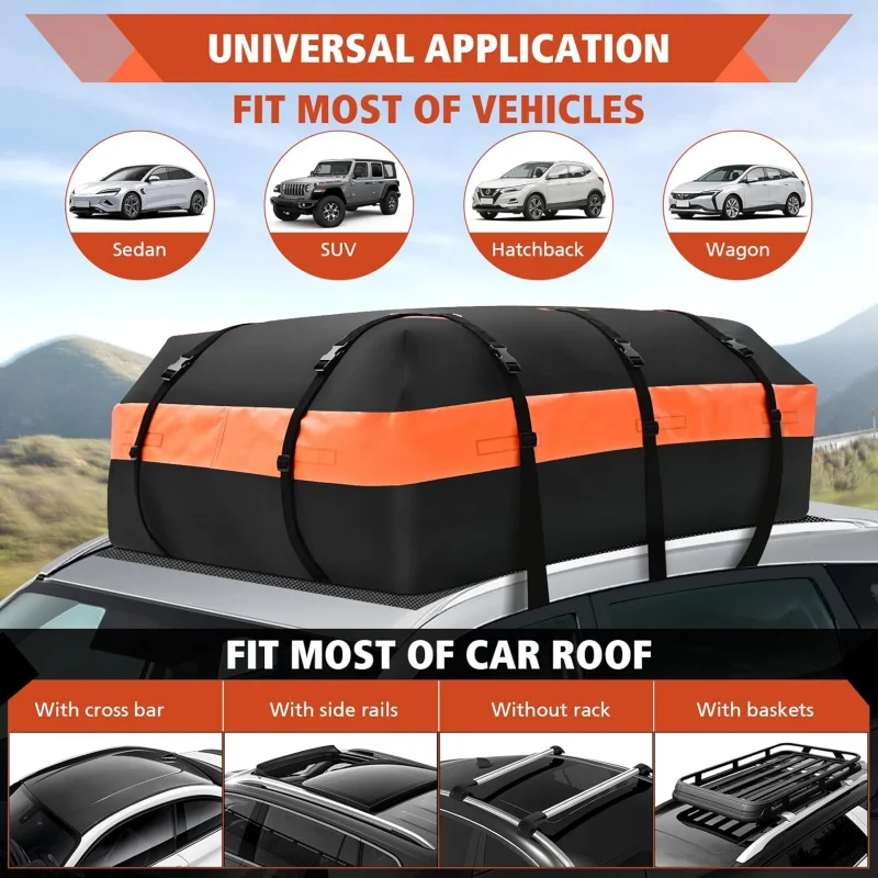 

Водонепроницаемая сумка на крышу 21 кубических футов, мягкая автомобильная верхняя грузовая сумка с противоскользящим ковриком, 6-дверные крючки, сумка для хранения замка для багажа, подходит всем V