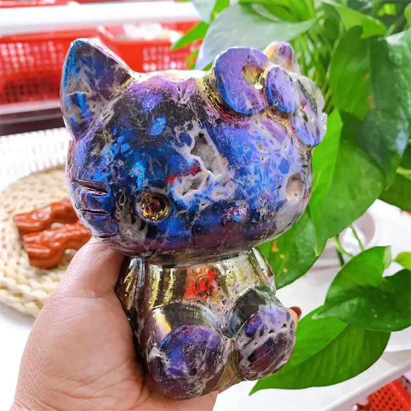 Natural Aura Sphalerite Cartoon KT Cat Carving Cartoon Animal Sculpture Healing Crystal Gemstone Crafts For Children Gift 1pcs