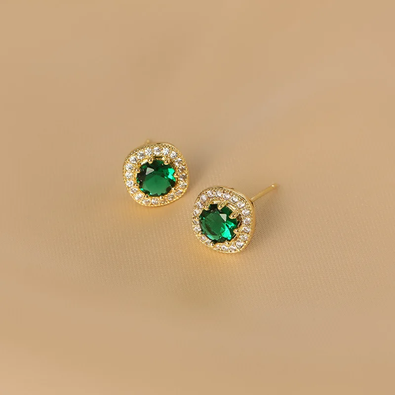 LIVVY Prevent Allergy Simple Round Green Zircon Small Stud Earrings For Women Couples Trendy Elegant Wedding Bride Jewelry Gifts