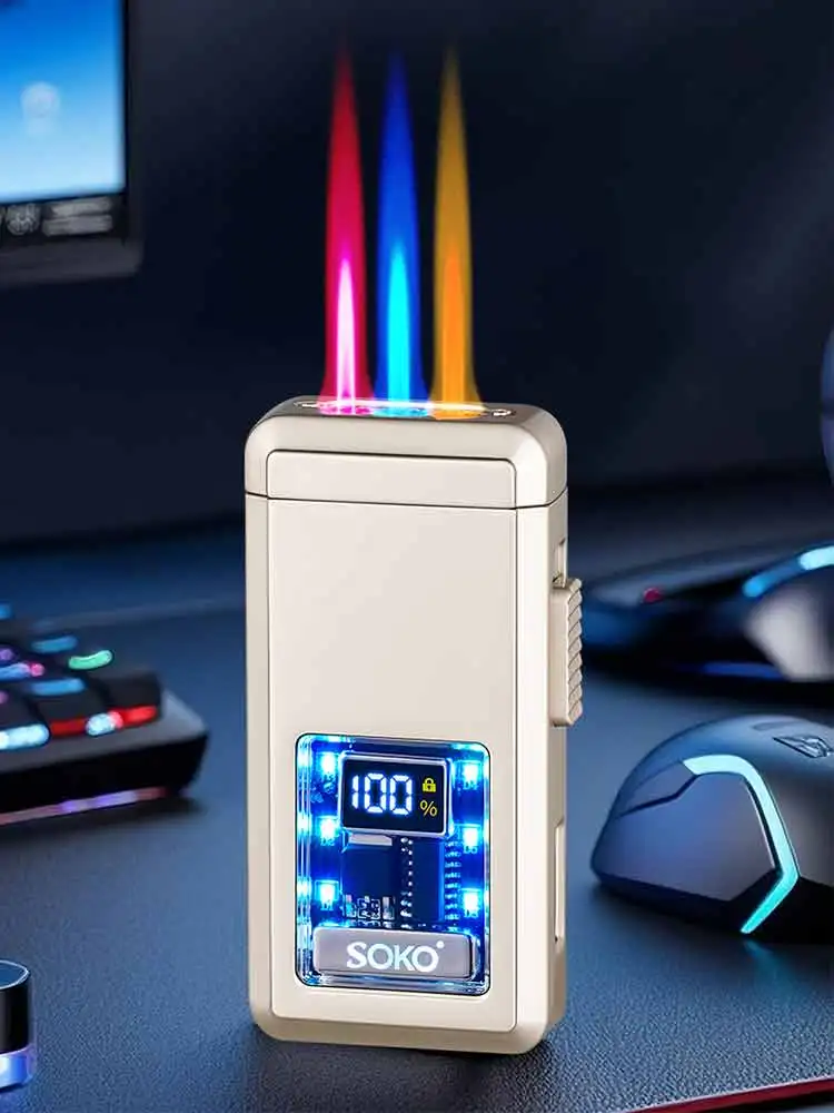 Allume-cigare LED Ă Triple Jet, affichage du compte d'allumage, charge de Type C, torche Ă cigares Ă commande vocale