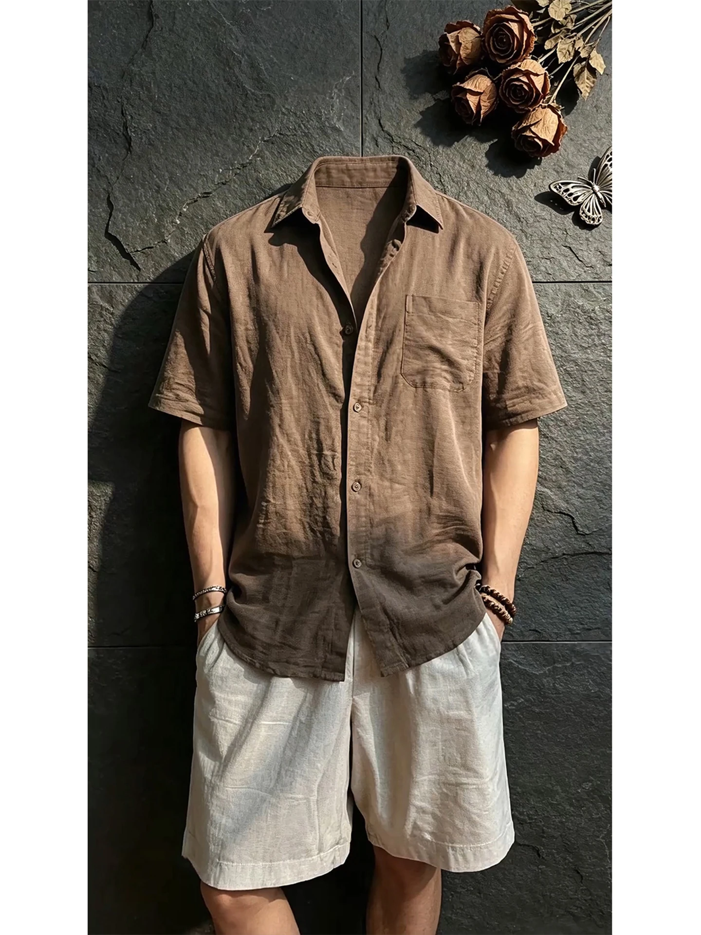 Lightweight Linen Shirt Men's Summer Thin Breathable Button-Up Casual Style Half Sleeve Flip-Collar Cool Feeling Sun Protection