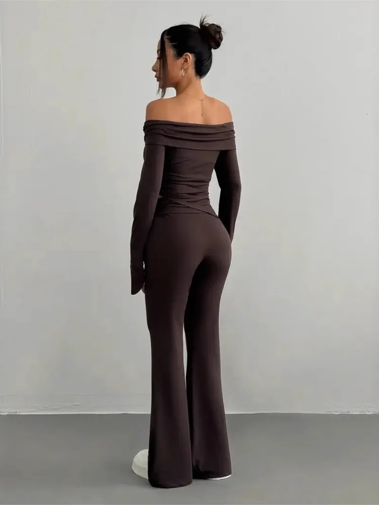 مجموعة أزياء المرأة الصلبة عارضة طويلة الأكمام أعلى قطعتين مجموعة جديدة ربيع الخريف أنيقة عطلة حزب قطعتين ملابس امرأة