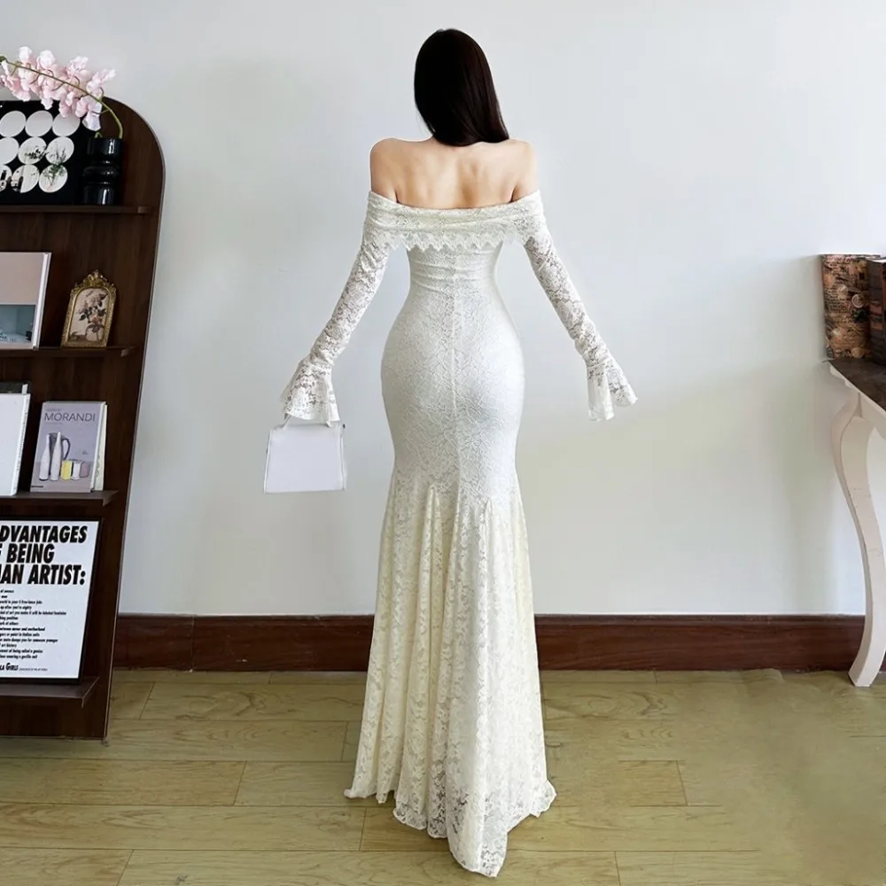 SylCue シャーリングエレガントロングドレス女性スラッシュネックバックレスレースパッチワークフレアスリーブミッドナイトプロムパーティースキニー Vestidos