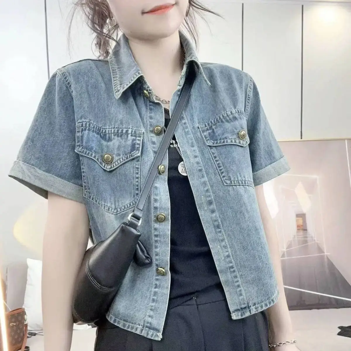 Moda mujer con bolsillos Denim azul chaquetas de un solo pecho Vintage solapa cuello manga corta Mujer Chic trajes de señora
