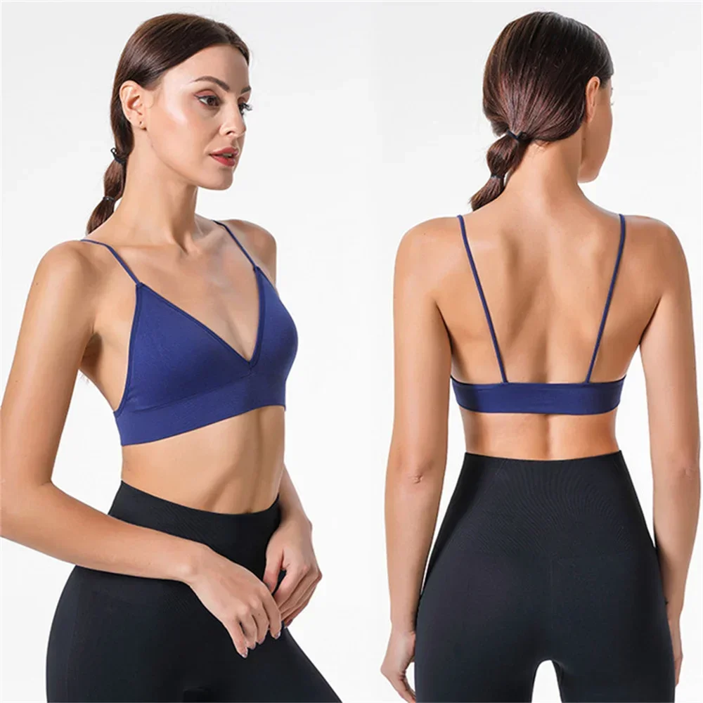 

Women Seamless Bra Camisole Underwear Black Blue S M L Breathable V Neck Gather Up Sports Fitness Yoga Casual