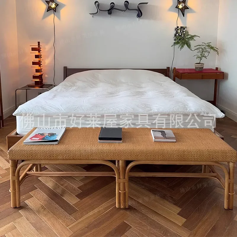Japanese Style Rattan Bench Simple Bedside Stool Shoe Changing Seat Natural Indonesian Wicker Dining Table Bench Quiet Wind