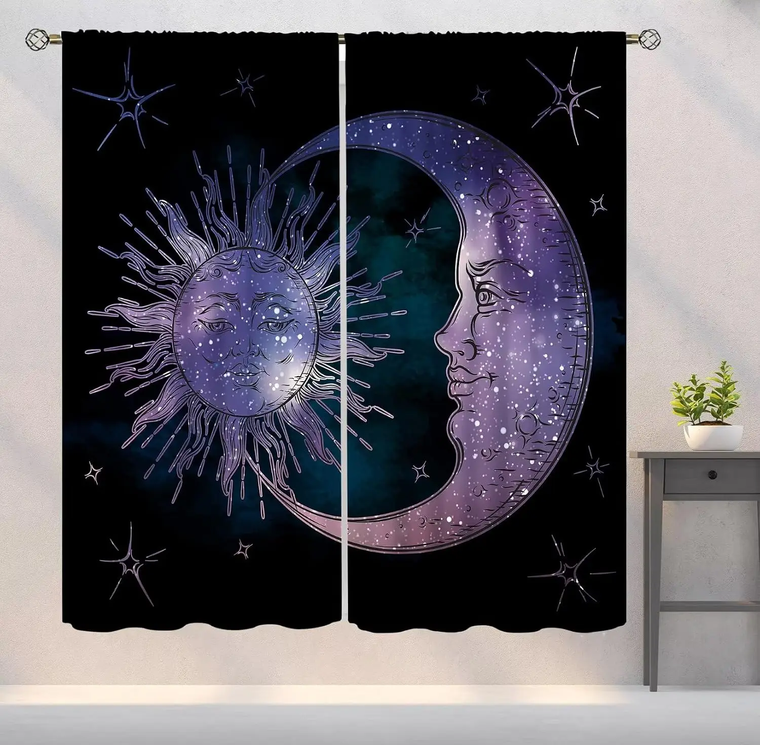 Mystic Sun Moon Curtain Panels, Vintage Star Galaxy Face Pattern Print Drapes for Apartment Bedroom Window Home Decor
