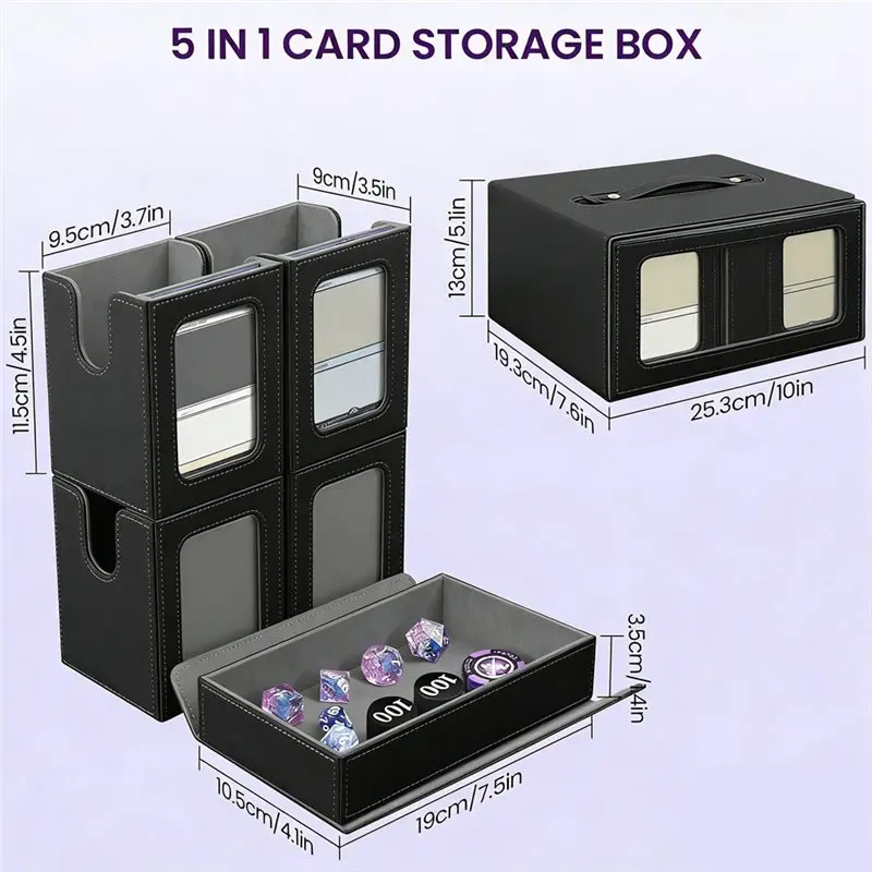 Magnetic Trading Card Storage Box With Window, Removable Deck Case With Handle For Sports Cards Black+Gray