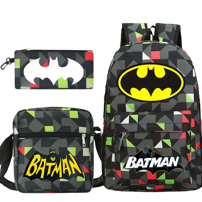 Beast Kingdom Batman Personalidade Criativa Bolsa Escolar Bolsa de Ombro Estojo de Lápis Conjunto de 3 Peças Bonito Mochila Casual para Meninos