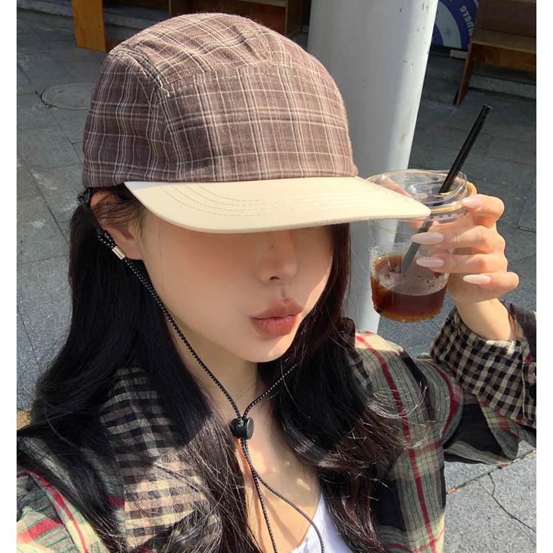 New Spring and Summer Plaid Baseball Cap Outdoor Shade Casual Windbreak Rope Lace Flat Edge Hip Hop Hat for Men and Women Gorras