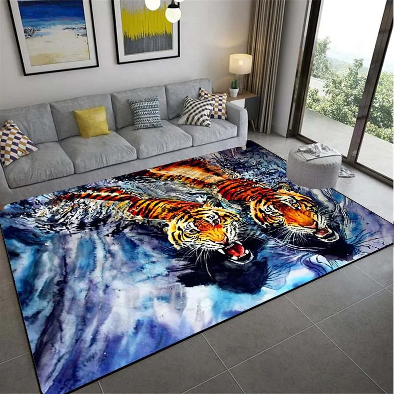 

3D Watercolor Tiger Print Area Rug Non-slip Floor Mat Animal Art Carpet for Living Room Bedroom Home Decor
