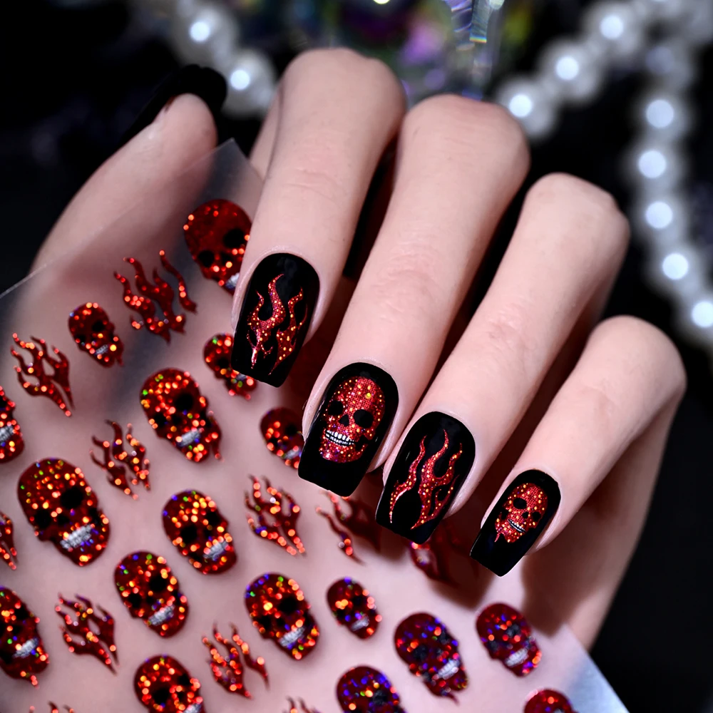 1 Stück Halloween Glitzer Laser Totenkopf Flammen-Nagelaufkleber 5D Holographisches Skelett Feuer Gothic Nagelsticker Y2k Gruselige Nageldekoration – Detail 5