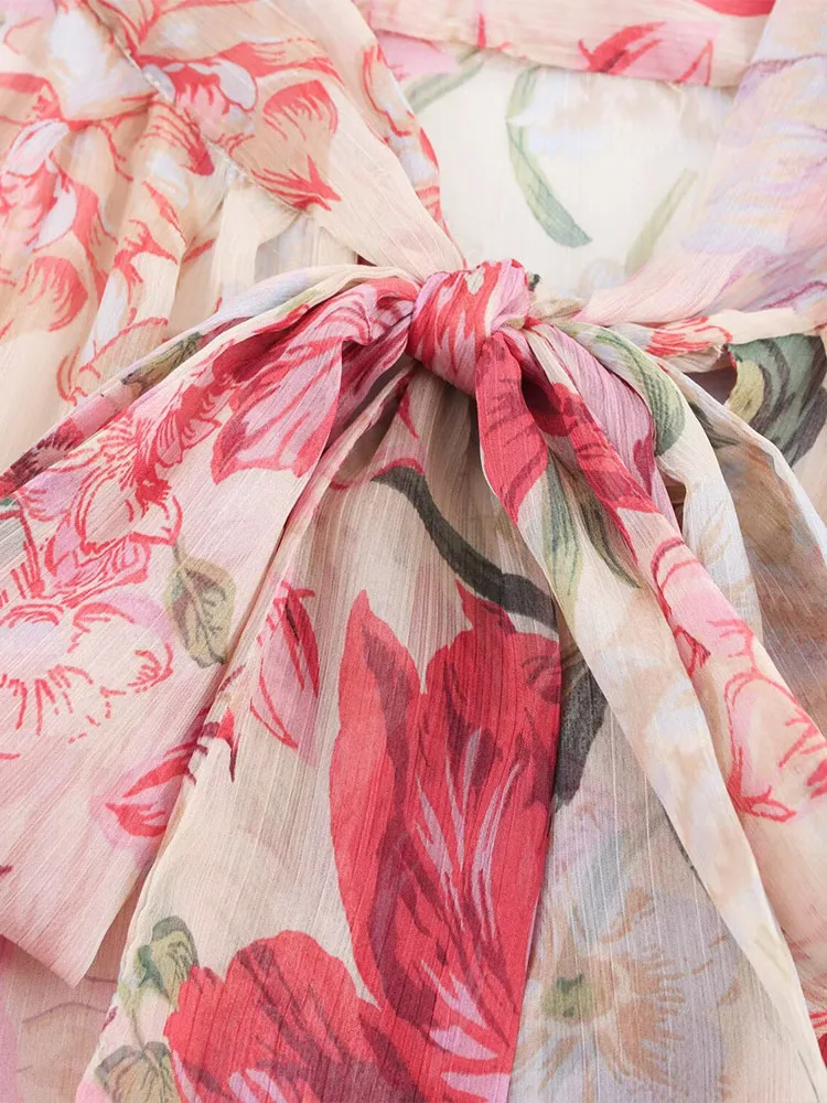 Spring new women's clothing European and American style French fashion temperament design printed belted midi dress