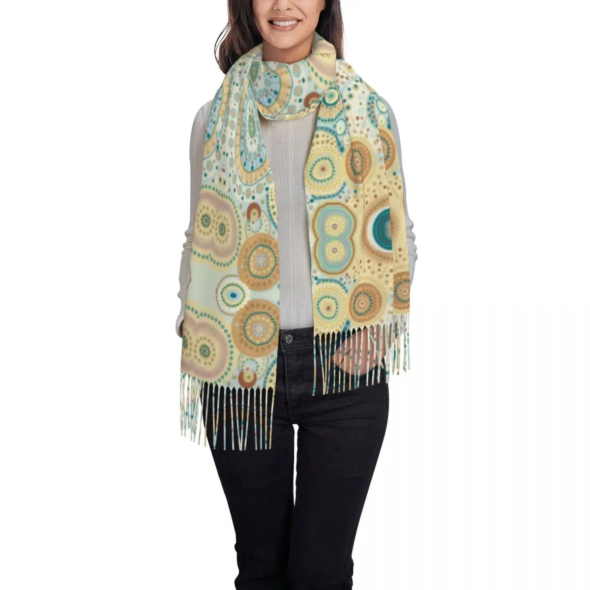 Natural Tones Desigual Mandala Scarf Tassel Scarves Women Soft Warm Shawls and Wraps Large Fall Winter Shawl Wrap