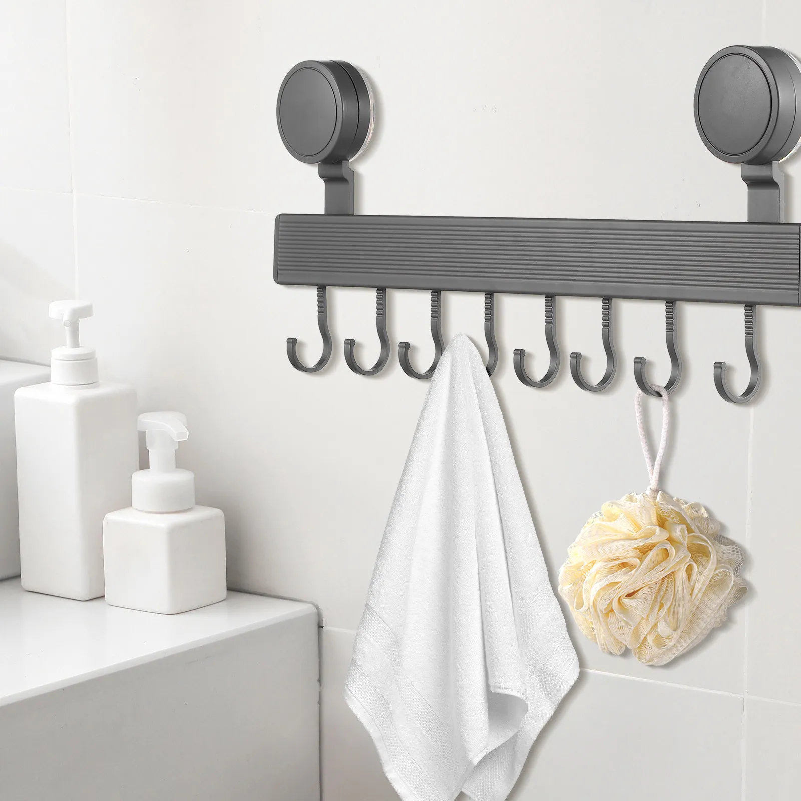 Suction Cup Kitchen Hook Rack Heavy Duty Wall Mounted Storage 8 Hooks for Utensils Towels Pots Pans Organizer Hanger