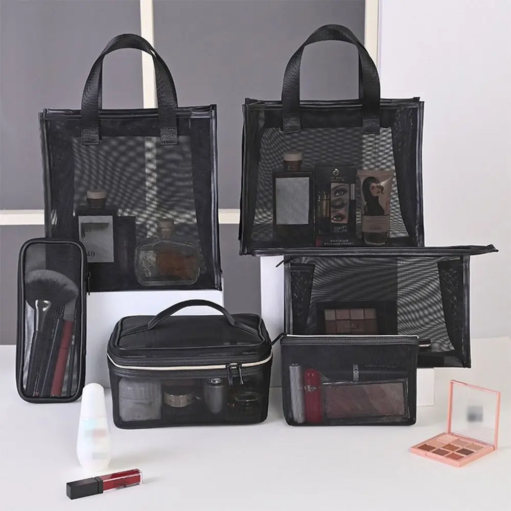 Portable Large Capacity Mesh Makeup Bag Nylon Transparent Makeup Brushes Bag Zipper Dustproof Storage Bag Travel
