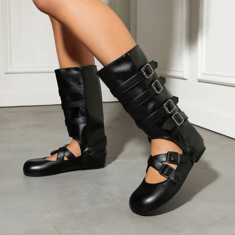 2026 Spring/Summer New Fashionable Low Heel Round Head Flat Shoes with Metal Buckles, Women's Removable Casual Sandals