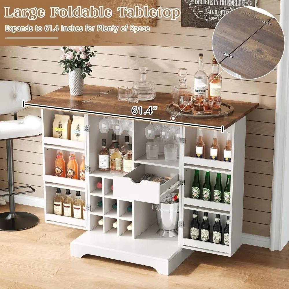 خزانة بار النبيذ القابلة للتوسيع مع سطح طاولة قابل للطي وباب الحظيرة، وحدة بار القهوة المنزلية مقاس 61 بوصة تتميز بتخزين النبيذ والزجاج #4