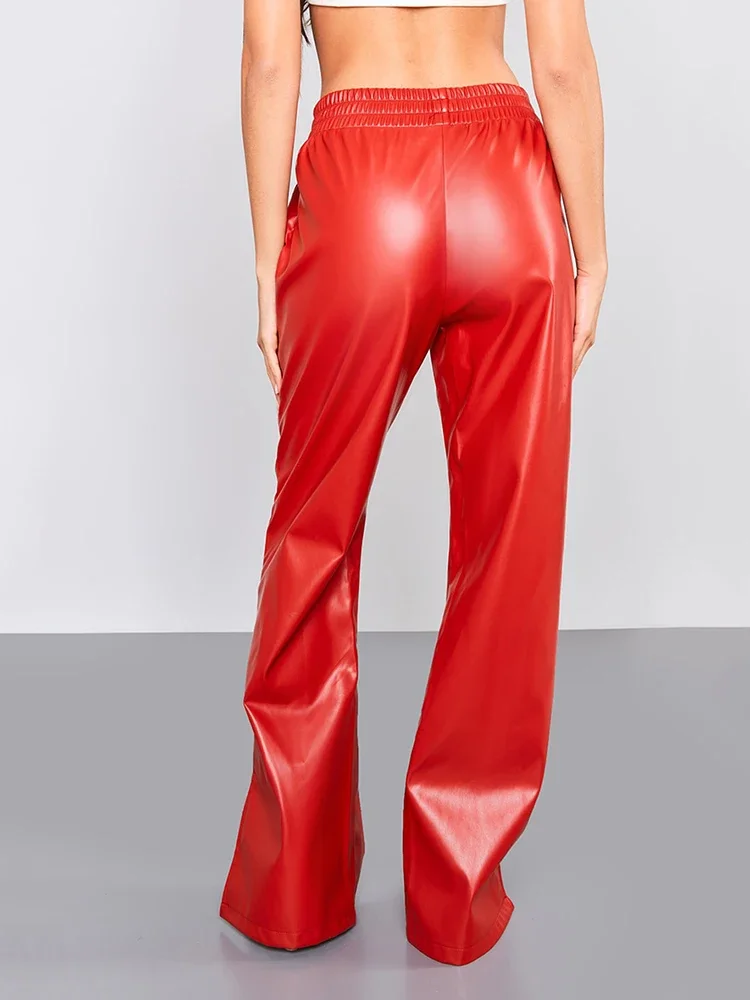 Women High Waist Elastic Waistband PU Straight Pants Lady Fashion Red Matte Faux Leather Hem Split Trousers Loose Casual Custom