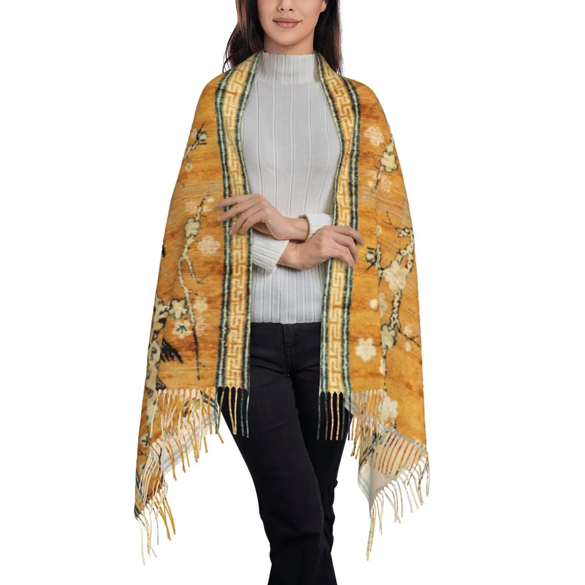 Custom Printed Antique Chinese Pictorial Birds Tree Rug Scarf Women Men Winter Fall Warm Scarves Bohemian Shawls Wraps