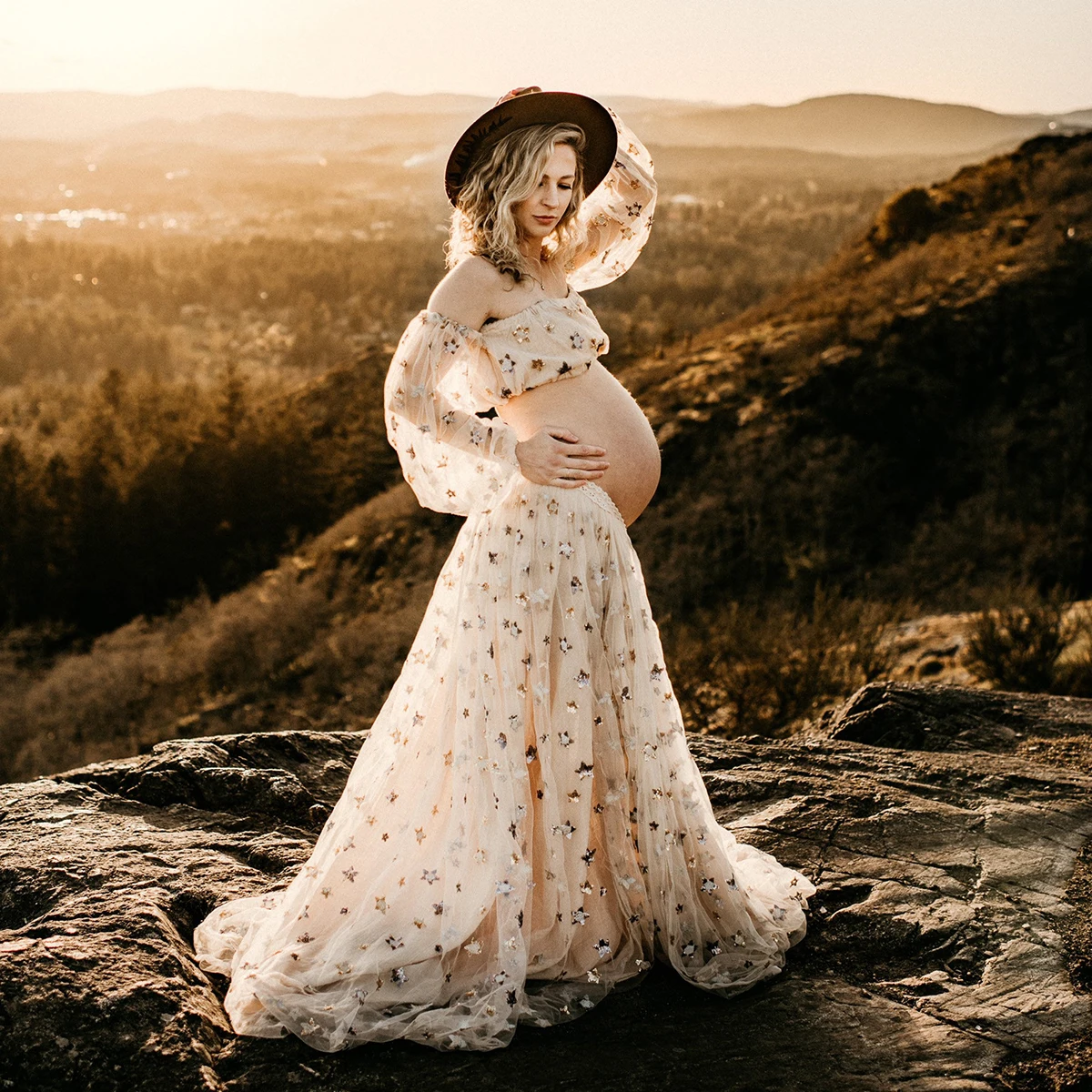 Two Pieces Celestial Starry Tulle Maternity Dress Customized High Split Crop Top Long Bishop Sleeves Pregnant Photoshoot Gowns