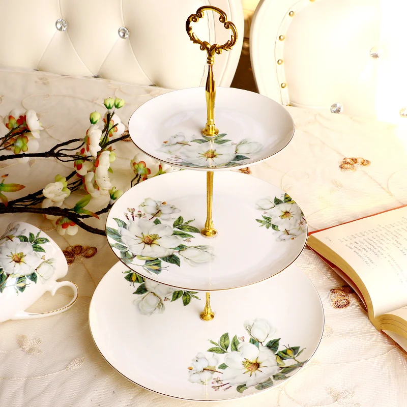 6+8+10inch, Fine Bone China Buffet Cake Plate Stand, Green Floral, Ceramic Porcelain Candy Dessert Plates, for Party