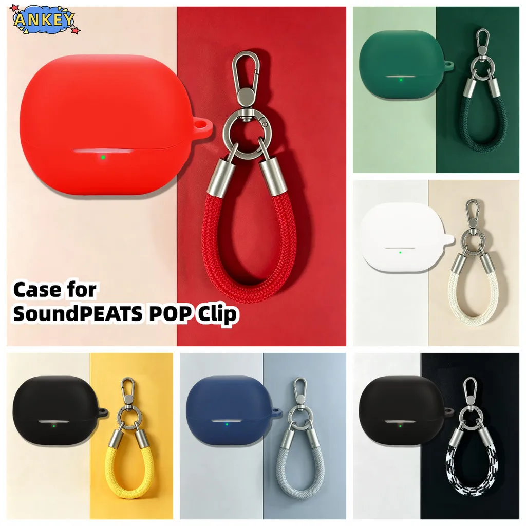 Compatible with SoundPEATS POP Clip Silicone Cases Protective Shockproof Wireless Earphone Cover With Coloured nylon short rope