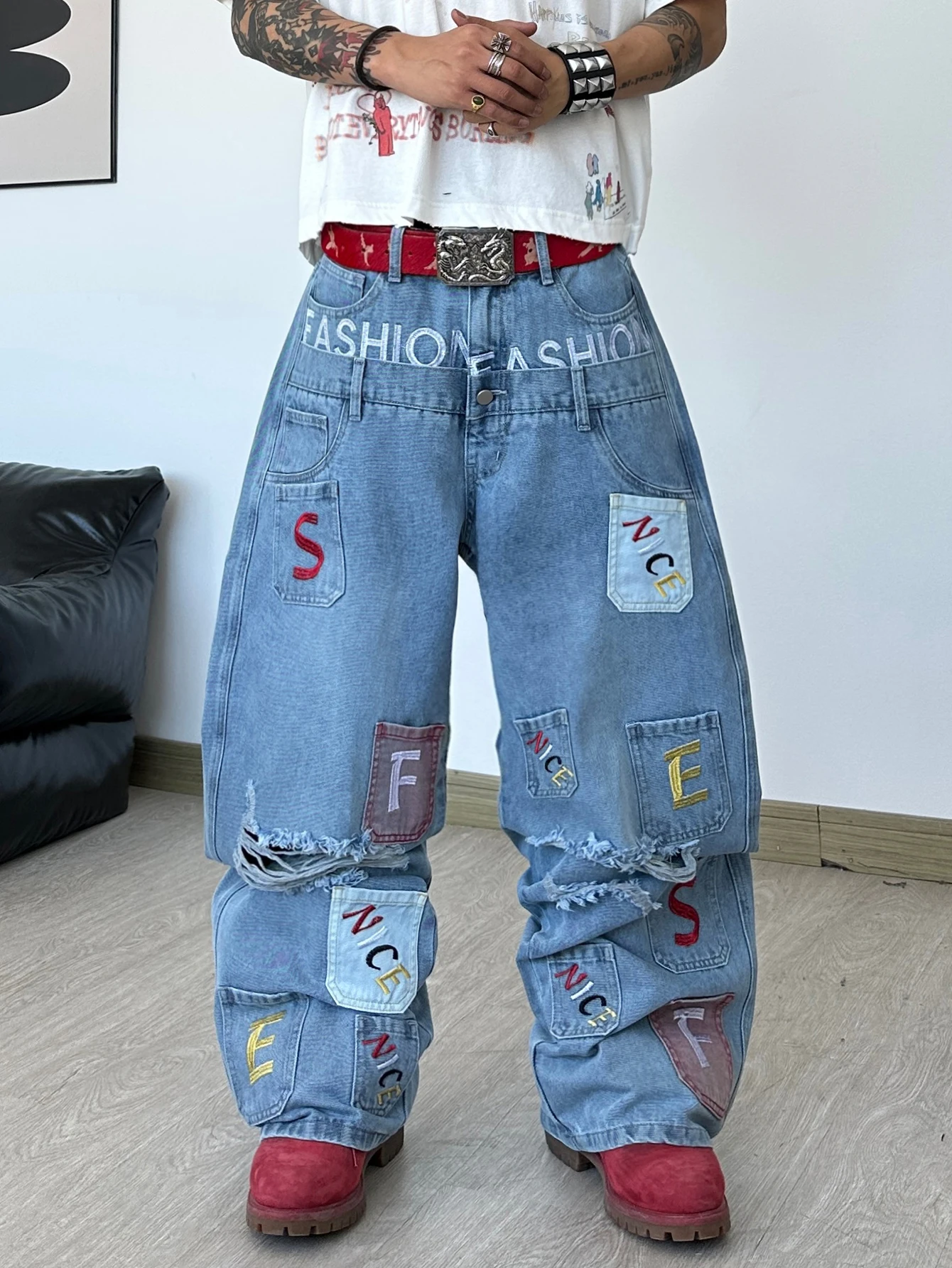 American Retro Double-Waist Pocket Embroidery Patch Design Blue Baggy Wide-Leg Jeans Y2K Trendy Hip-Hop Streetwear Casual Pants