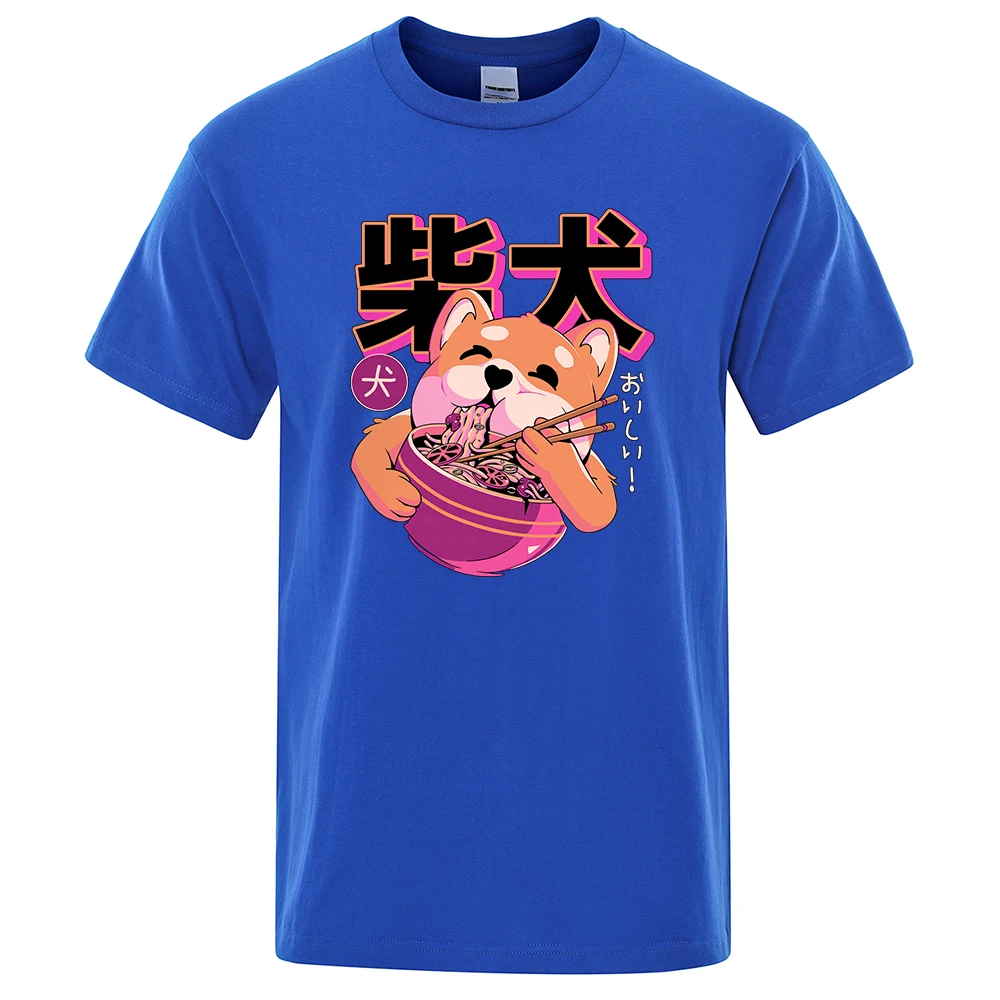 Cute Shiba Inu Eating Noodles T-Shirt Fashion Cotton Tees Summer Comfortable Tshirts Hip Hop Breathable Eco-Friendly Men Tops