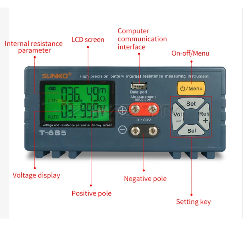 SUNKKO T685 Zeer nauwkeurige interne weerstandstester voor 18650 lithiumbatterijspanning Interne weerstandstester Detector