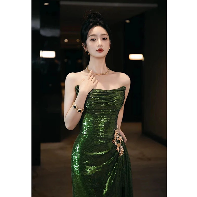 Customized Luxury Sequins Green Mermaid Evening Dress Sexy Strapless Glittering High-Split Prom Formal Gowns Vestidos De Noche