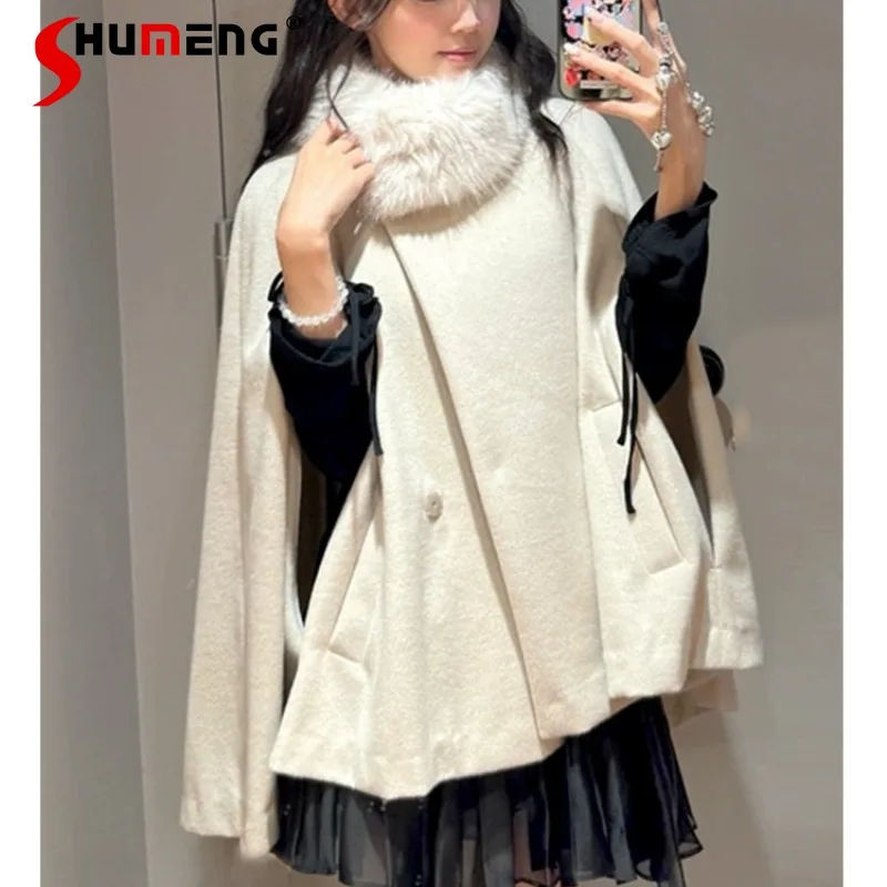 2024 Autumn New Japanese Rojita Style Women's Clothing Premium Removable Fur Collar Cape Type Long Sleeves Woolen Coat Jacket