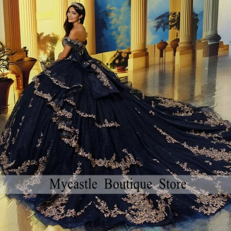 Shiny Black Quinceanera Dress Golden Sequins Decal Long tail  off-shoulder Layering Bow Vestidos De 15 Quinceanera ﻿Customize