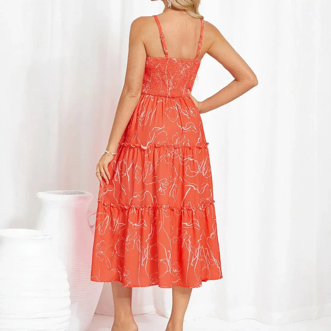 Women's Dress New European And American Models, Women's Clothing Suspender Waist Thin Printed Long Holiday Style Dress